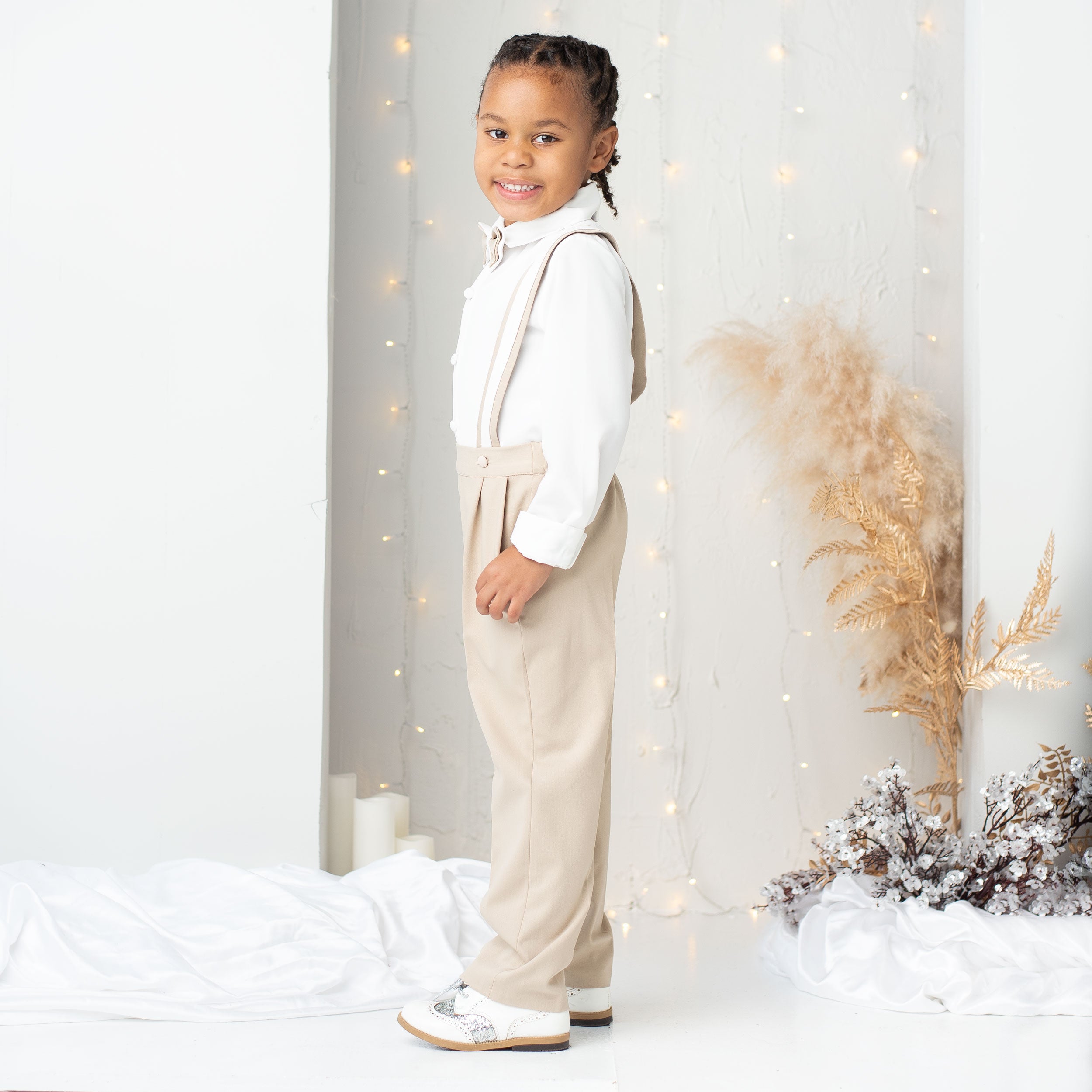 Christiano Suspenders Set (Beige & White) – Itty Bitty Toes