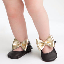 Itty Bitty Moccasins (Black & Gold Bow) - Shoes - Itty Bitty Toes